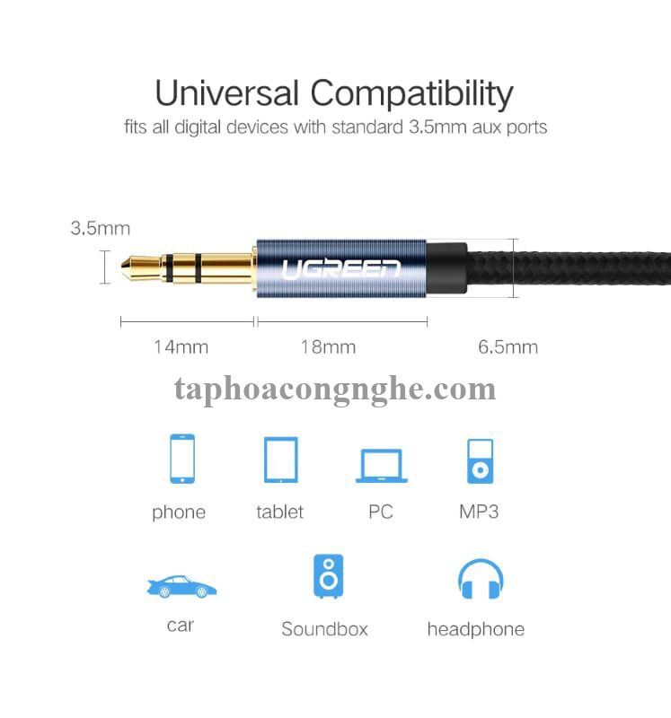 Ugreen 50360 0.5M màu Đen Cáp âm thanh 2 đầu 3.5mm dương AV112 30050360